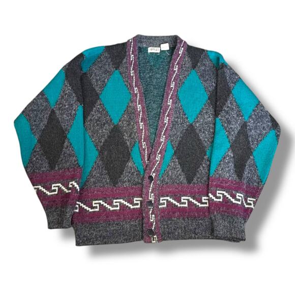 Vintage 80s Gray Purple Geometric Argyle Eclectic Grandpa Cardigan Knit Sweater - Picture 1 of 12